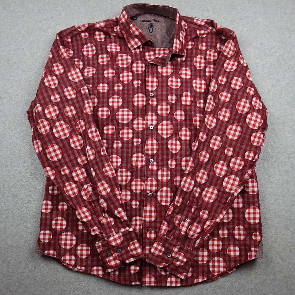 Luchiano Visconti Shirt Mens XL Visconti Black Red Gingham Polka Dot Cotton